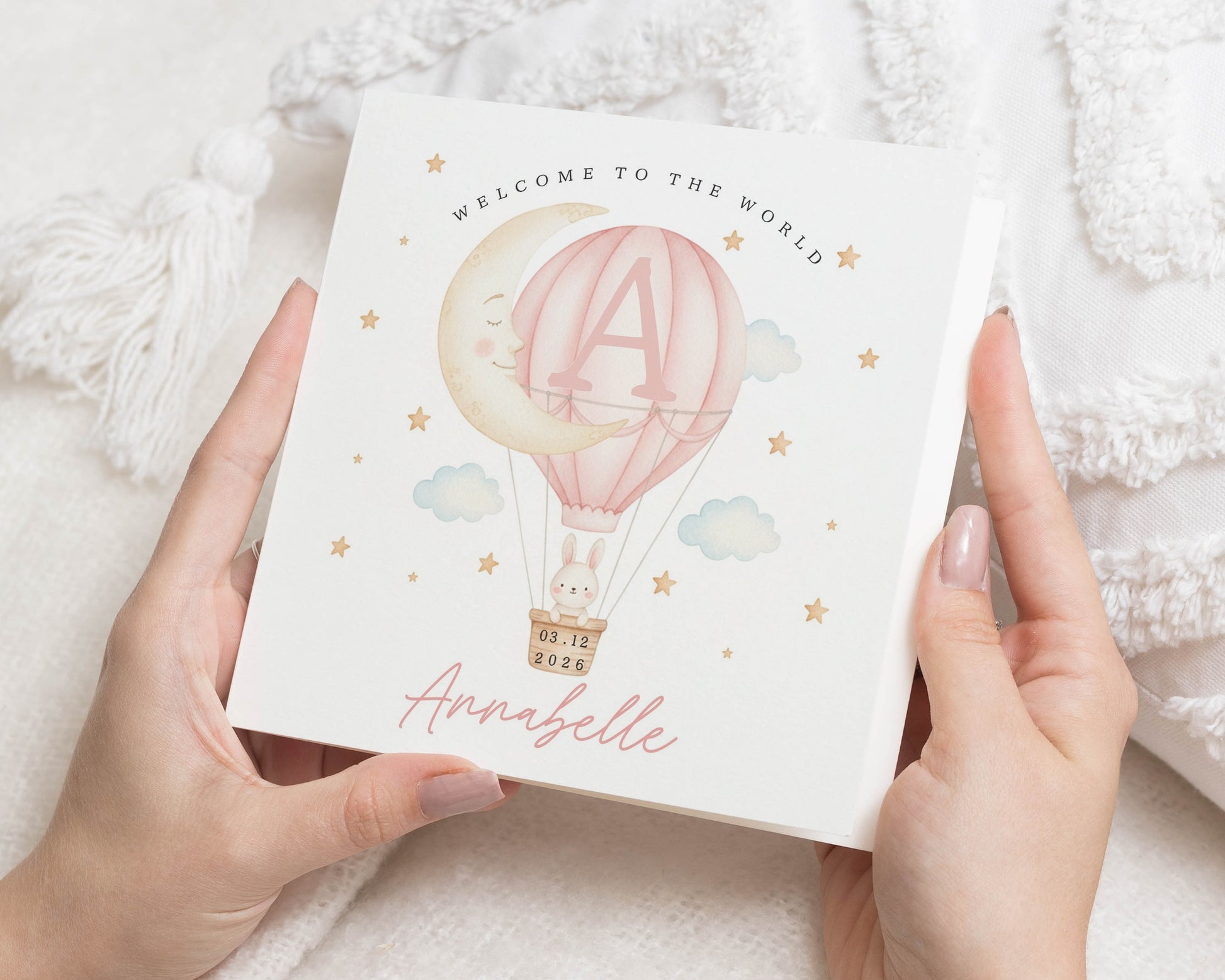 New Baby Card, Personalised Baby Card, Welcome To The World Card, Baby Girl Card, Custom Name Card, Hot Air Balloon Card, Cute Bunny Card