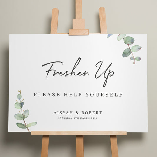 Greenery Wedding Freshen Up Sign, Eucalyptus Wedding Sign, Minimalist Wedding Sign, Bathroom Basket Wedding Sign, Foliage Design &#39;Aisyah&#39;