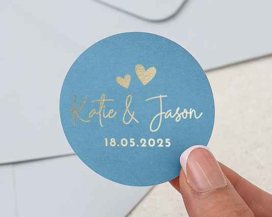 Personalised Wedding Sticker, Gold Foil Wedding Label, Custom Name Date Sticker, Blue Wedding Envelope Seal, Engagement Party Sticker