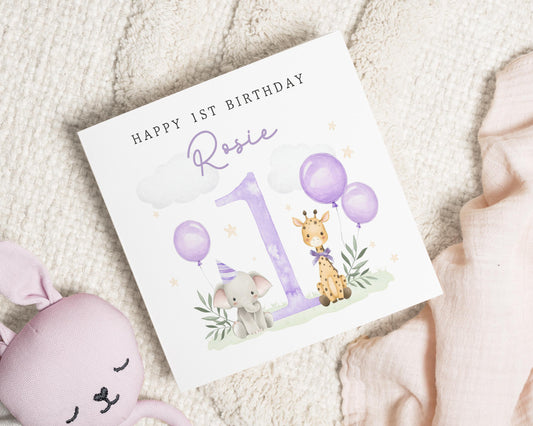 1st Birthday Card for Girl, Personalised First Birthday Card, Safari Birthday Card, Elephant Giraffe Card, Birthday Card for Daughter