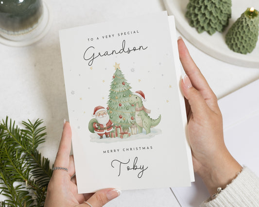 Grandson Christmas Card, Personalised Christmas Card for Grandson, Dinosaur Christmas Card, Cute Xmas Card for Boy, Kids Christmas Card