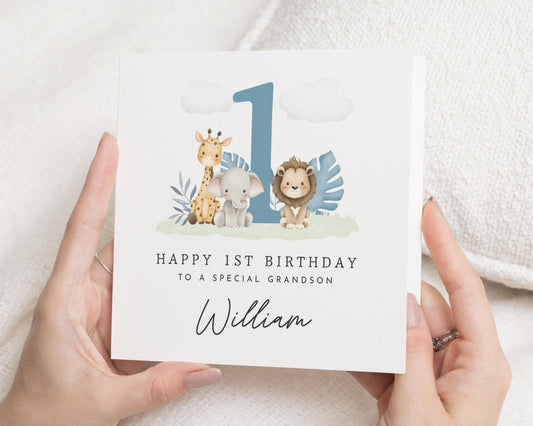 1st Birthday Card for Grandson, Personalised Safari Birthday Card, Birthday Card for Boy, Cute Animal Card, Grandson First Birthday Card