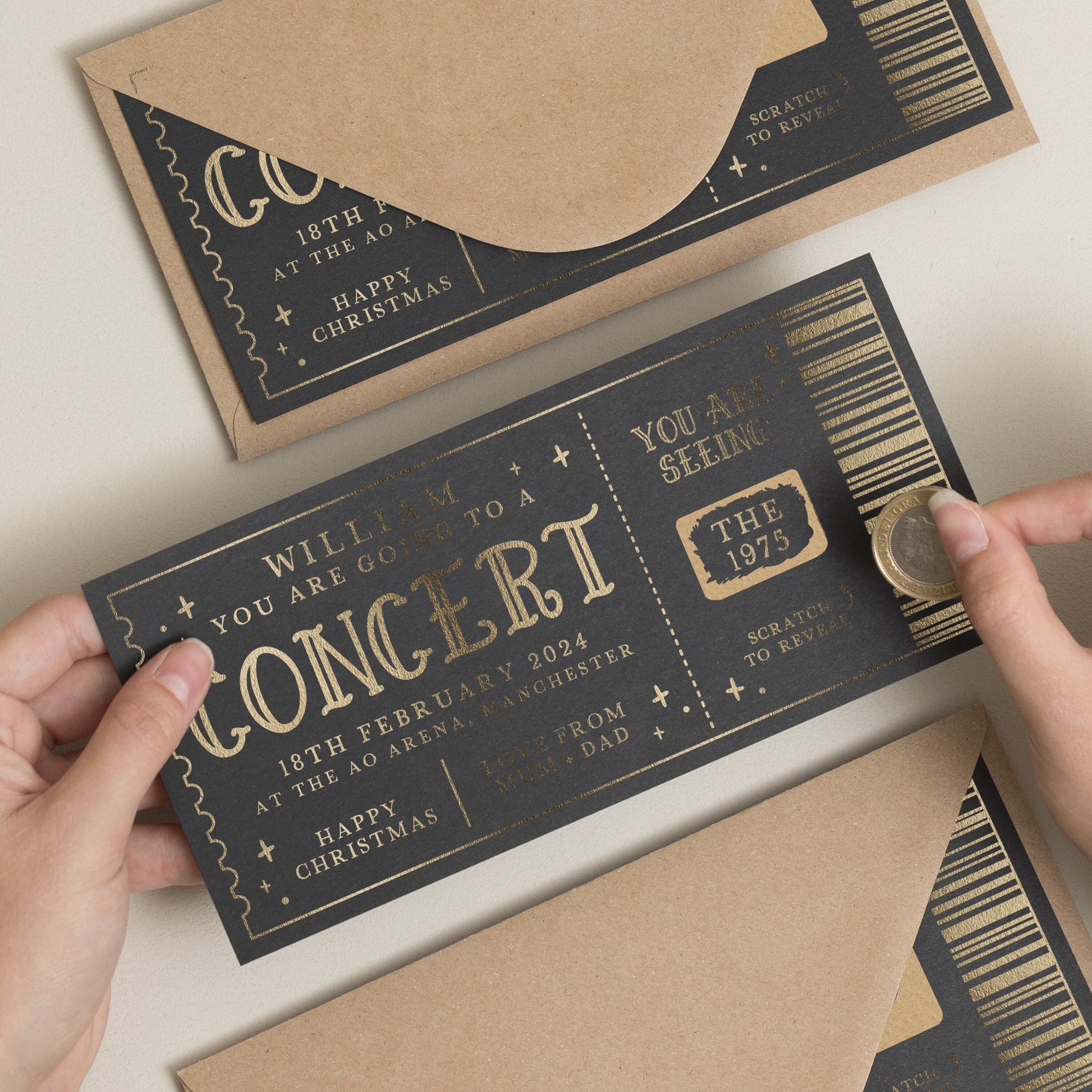 Personalised Gold Foil Scratch Gift Voucher, The 1975 Gig Ticket Gift Voucher, Scratch Reveal Gift, Scratch To Reveal, Gig Ticket