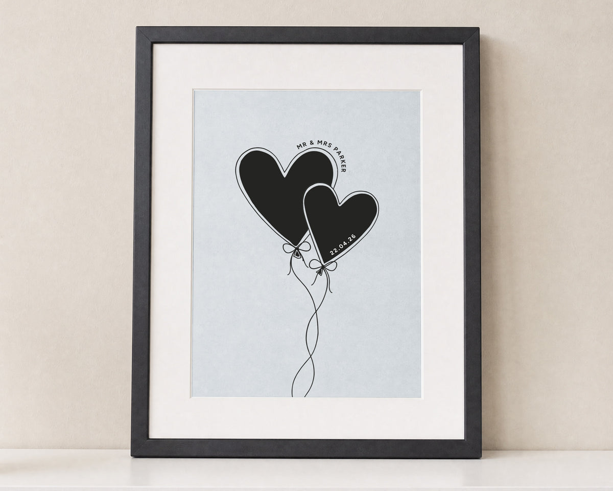 Personalised Couple Print, Light Blue Wall Art, Wedding Gift for Couple, Anniversary Gift, Heart Balloon Portrait Print, Black Framed Print
