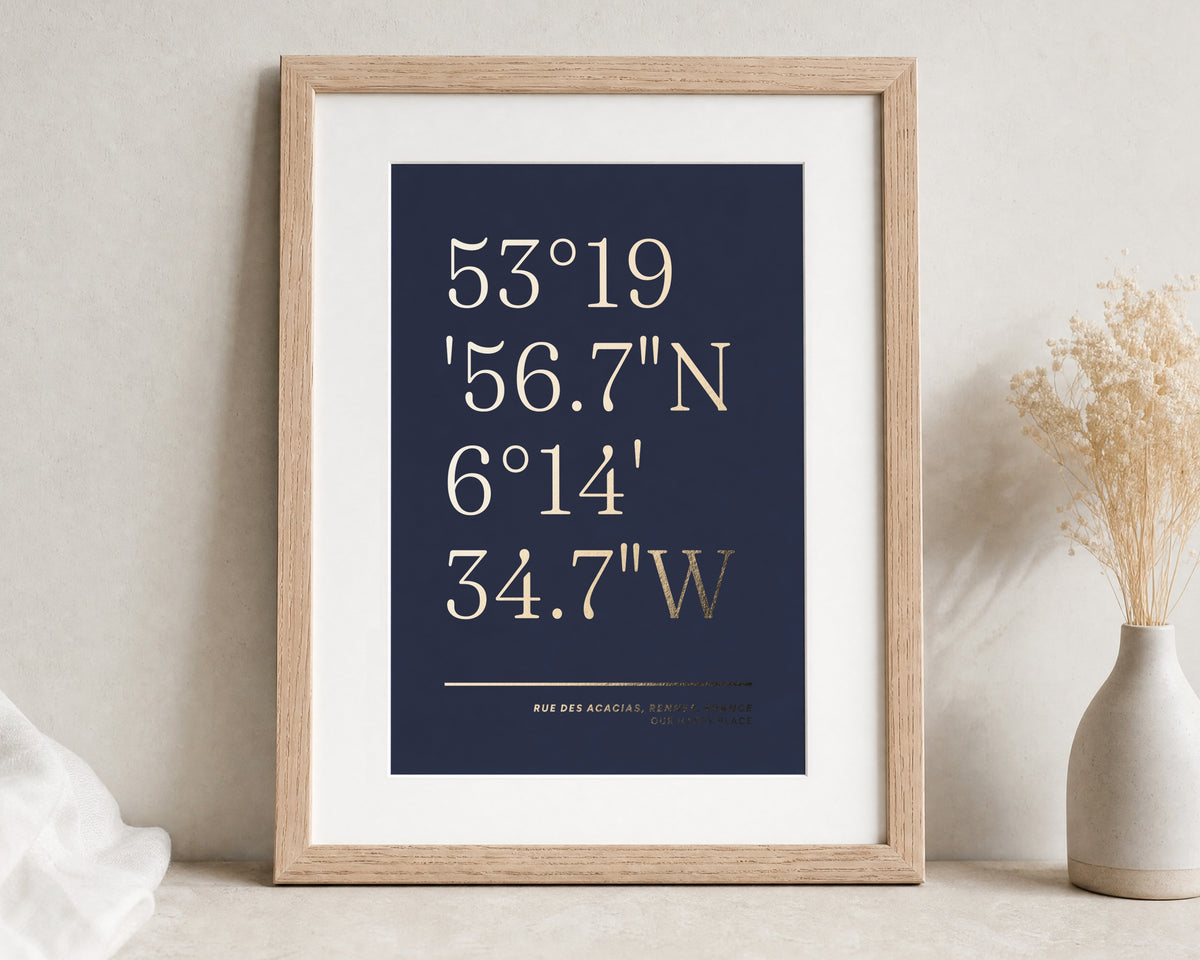 Personalised Gold Foil Coordinates Print, Navy Blue Wall Art, Custom Location Print, New Home Gift, Gift for Couple