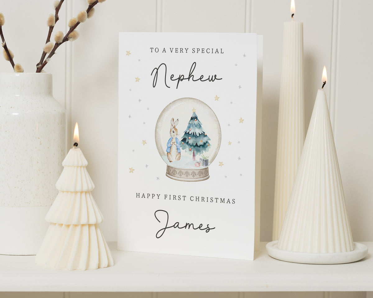 First Christmas Card for Nephew, 1st Christmas Card, Personalised Christmas Card for Baby Boy, Cute Bunny Christmas Card, Snow Globe Card