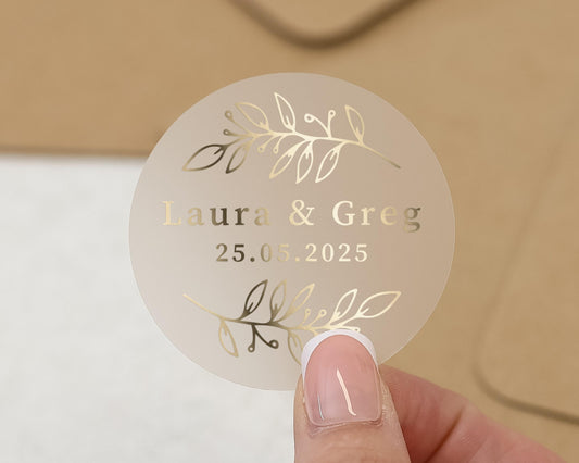 Personalised Wedding Sticker, Gold Foil Wedding Label, Custom Name Date Sticker, Wedding Envelope Seal, Transparent Wedding Sticker
