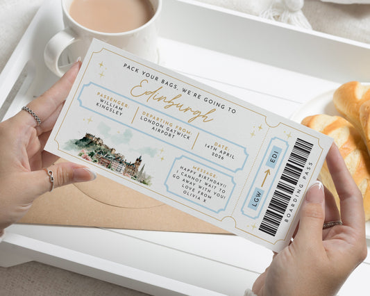 Personalised Holiday Reveal Ticket, Pack Your Bags Gift Voucher, Custom Weekend Away Boarding Pass, Edinburgh Surprise Present