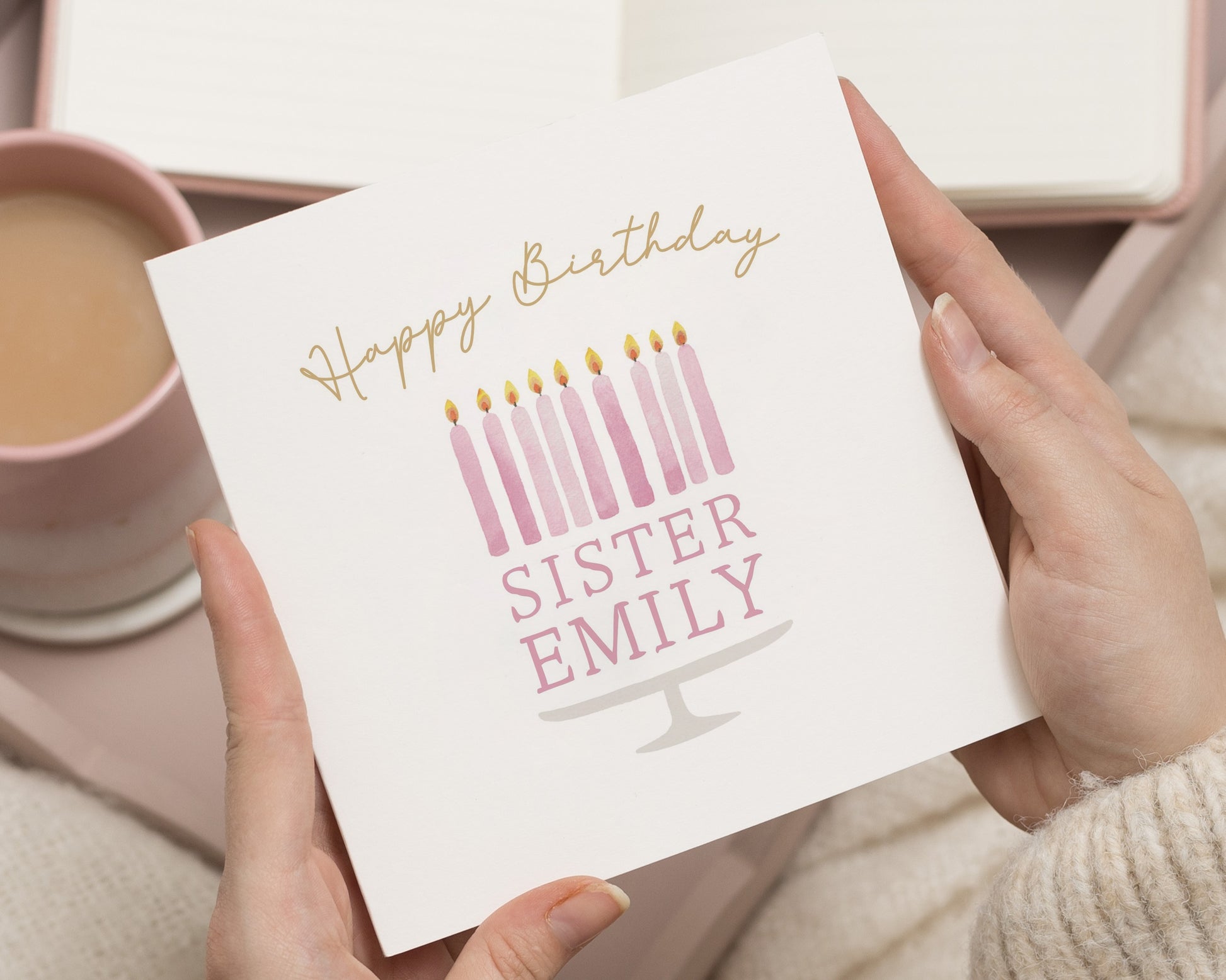 Birthday Card for Sister, Personalised Birthday Card, Custom Name Birthday Card for Her, Simple Birthday Card, Pink Candles Card