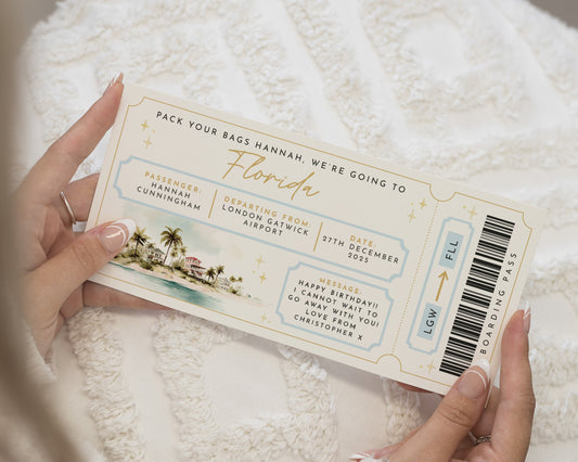 Personalised Holiday Reveal Ticket, Pack Your Bags Gift Voucher, Florida Trip Boarding Pass, Custom Travel Surprise