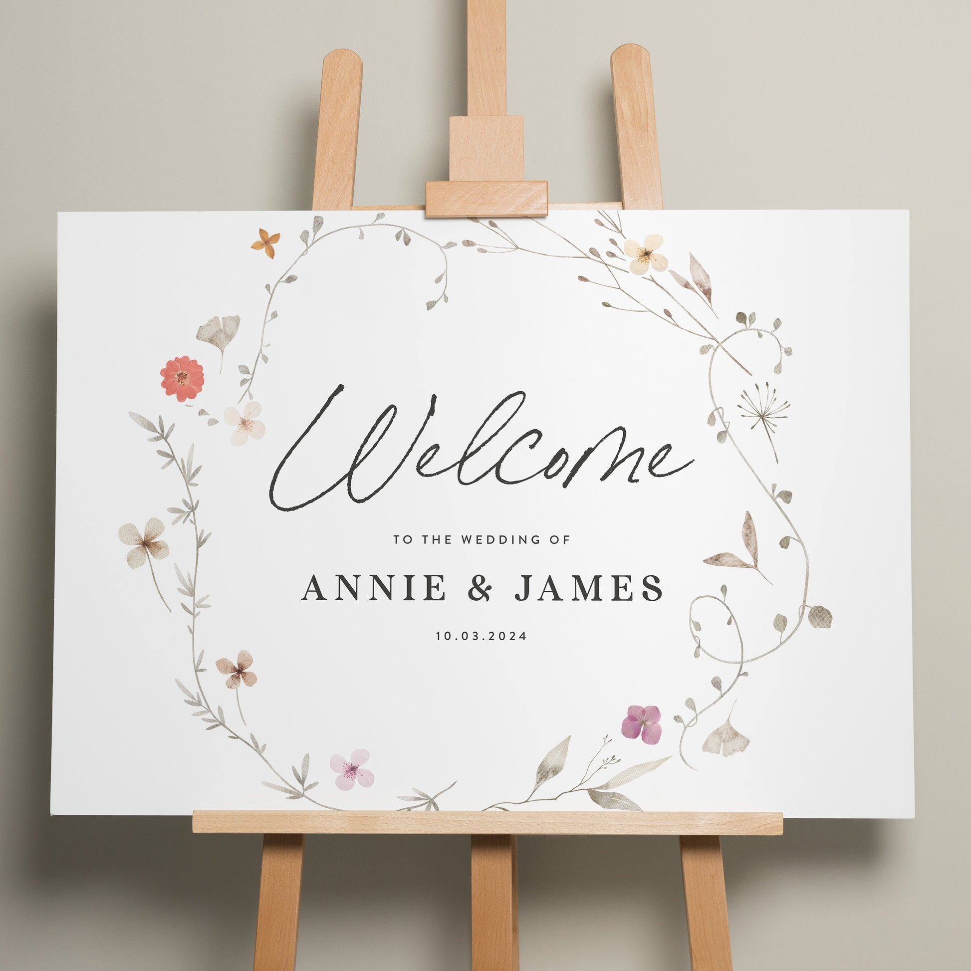 Wedding Welcome Sign, A1 Wedding Ceremony Sign, Calligraphy Wedding Signage, Personalised Welcome Sign, Wildflower Wedding Design &#39;Annie&#39;