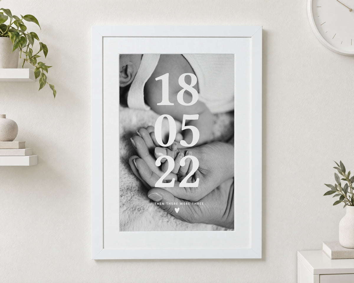 Personalised Baby Photo Print, Custom Birth Date Wall Art, New Baby Gift, Nursery Wall Art, White Framed Print With Mount