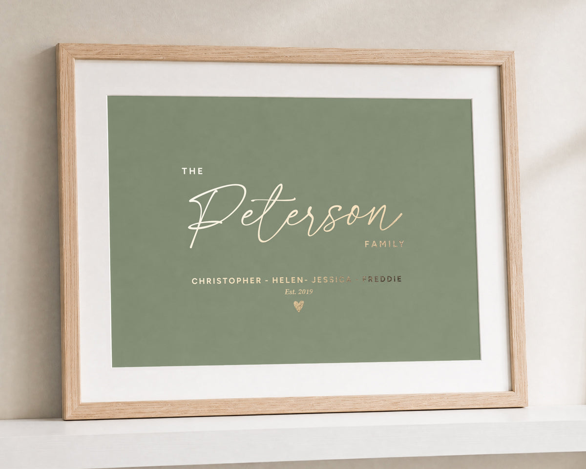 Personalised Gold Foil Family Print, Sage Green Wall Art, Family Name Print, New Home Gift, House Warming Gift, Living Room Art