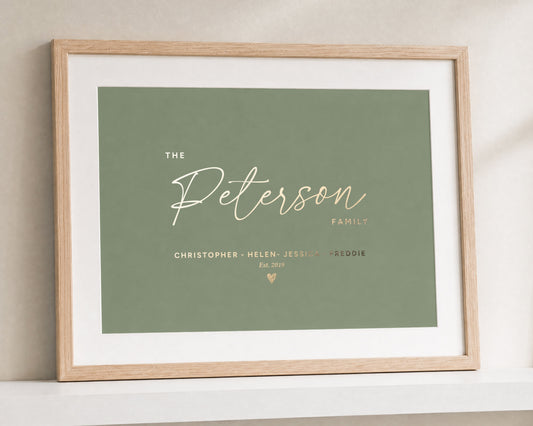 Personalised Gold Foil Family Print, Sage Green Wall Art, Family Name Print, New Home Gift, House Warming Gift, Living Room Art
