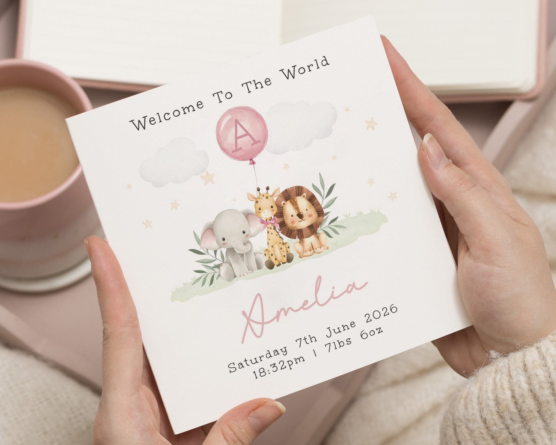 New Baby Card, Personalised Baby Girl Card, Welcome To The World Card, Animal Baby Card, Baby Girl Card, Custom New Baby Card, Safari Card