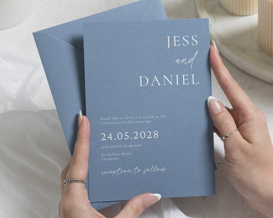 Blue Grey Wedding Invitations with Matching Envelopes, Minimalist Wedding Invites, Elegant Typography, Personalised Invitation Suite