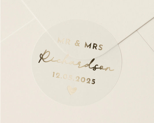 Wedding Envelope Seal, Personalised Wedding Sticker, Mr and Mrs Sticker, Custom Name Wedding Label, Gold Foil Wedding Seal