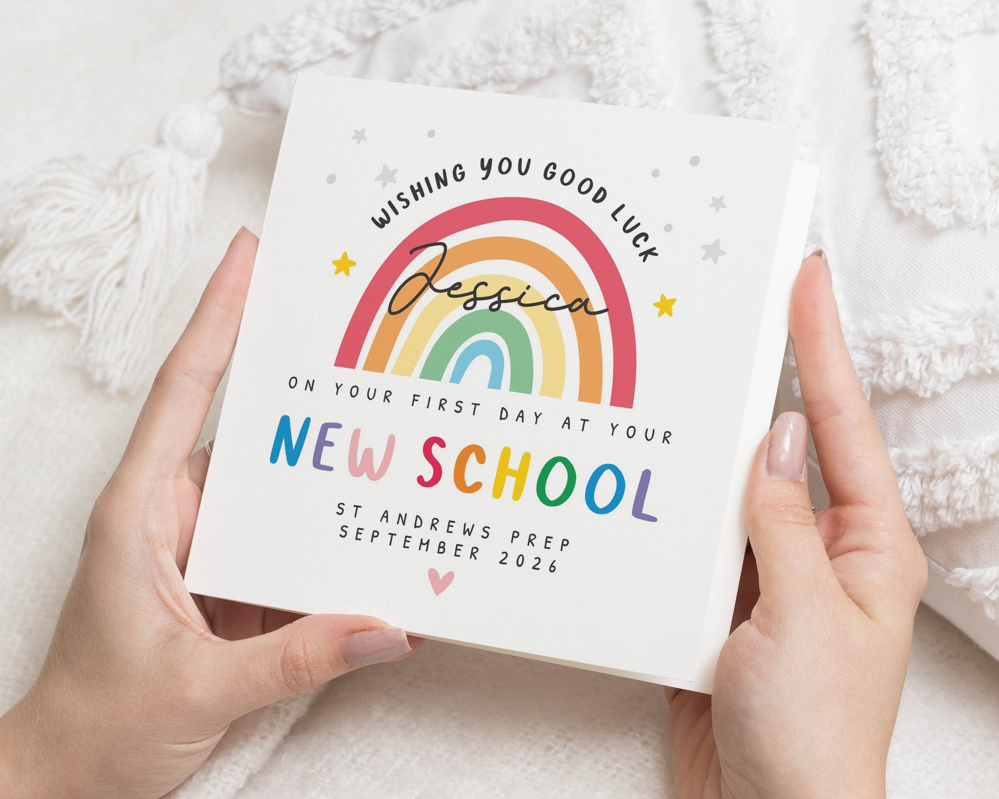 Good Luck Card for New School, Personalised School Card, Good Luck Card for Girl, Rainbow Card, First Day at School Card, Custom Name Card