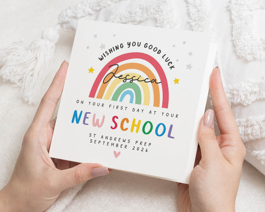 Good Luck Card for New School, Personalised School Card, Good Luck Card for Girl, Rainbow Card, First Day at School Card, Custom Name Card