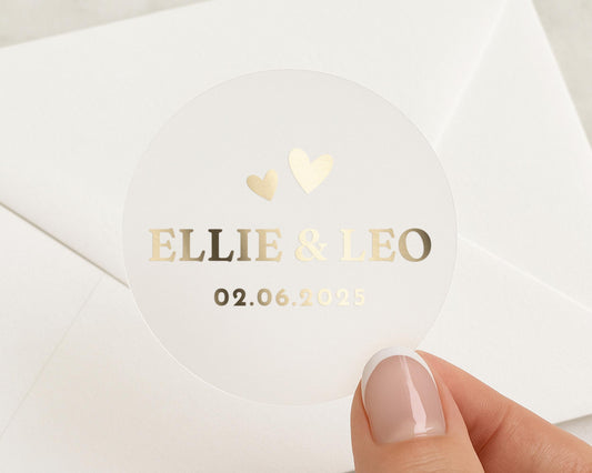 Personalised Wedding Sticker, Gold Foil Wedding Seal, Custom Names and Date, Envelope Seal, Wedding Favour Sticker, Elegant Wedding Sticker