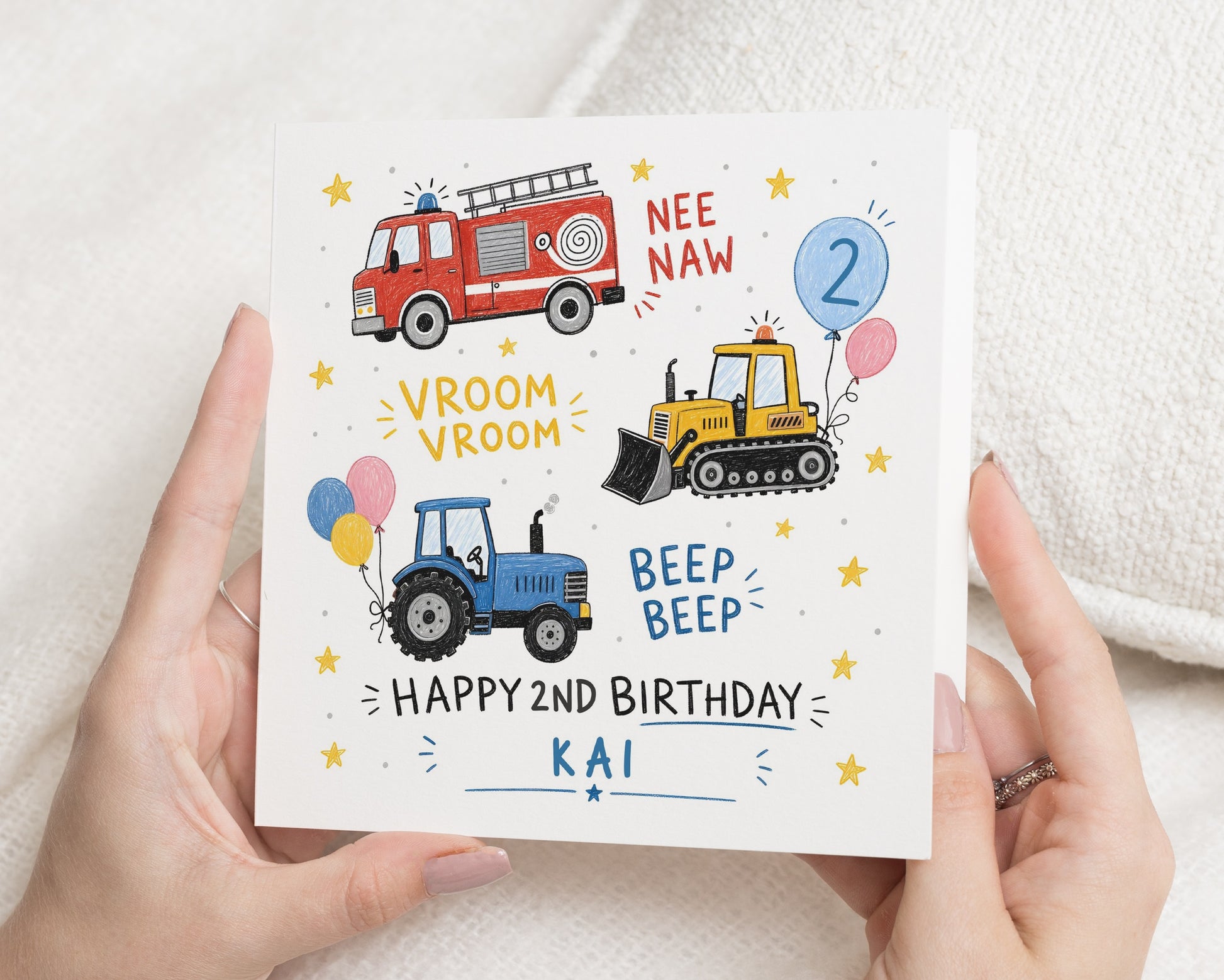 2nd Birthday Card for Boy, Personalised Second Birthday Card, Digger Birthday Card, Tractor Card, Fire Engine Card for Son Nephew Grandson