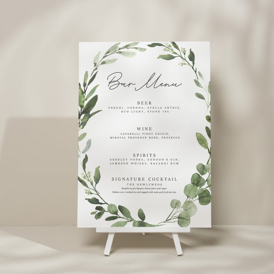 Botanical Wedding Bar Menu Sign, Drink Menu Wedding Sign, Eucalyptus Wedding Sign, Greenery Bar Sign, Simple Drinks Sign &#39;Alethea&#39;