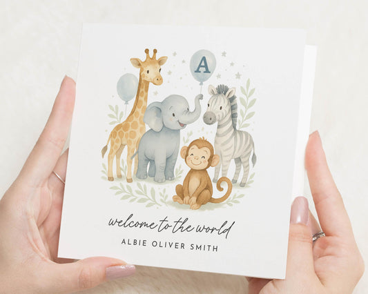 Personalised New Baby Card, Safari Animal Card, Welcome To The World Card, Baby Girl Card, Baby Boy Card