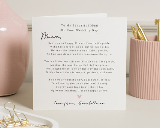 Wedding Card for Mum, Mum Wedding Day Card, Personalised Wedding Cards for Mum, On Your Wedding Day Card, Poem Card for Mother