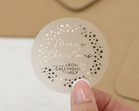 Merry Christmas Sticker, Personalised Christmas Stickers, Custom Family Name Sticker, Gold Foil Christmas Label, Gift Sticker