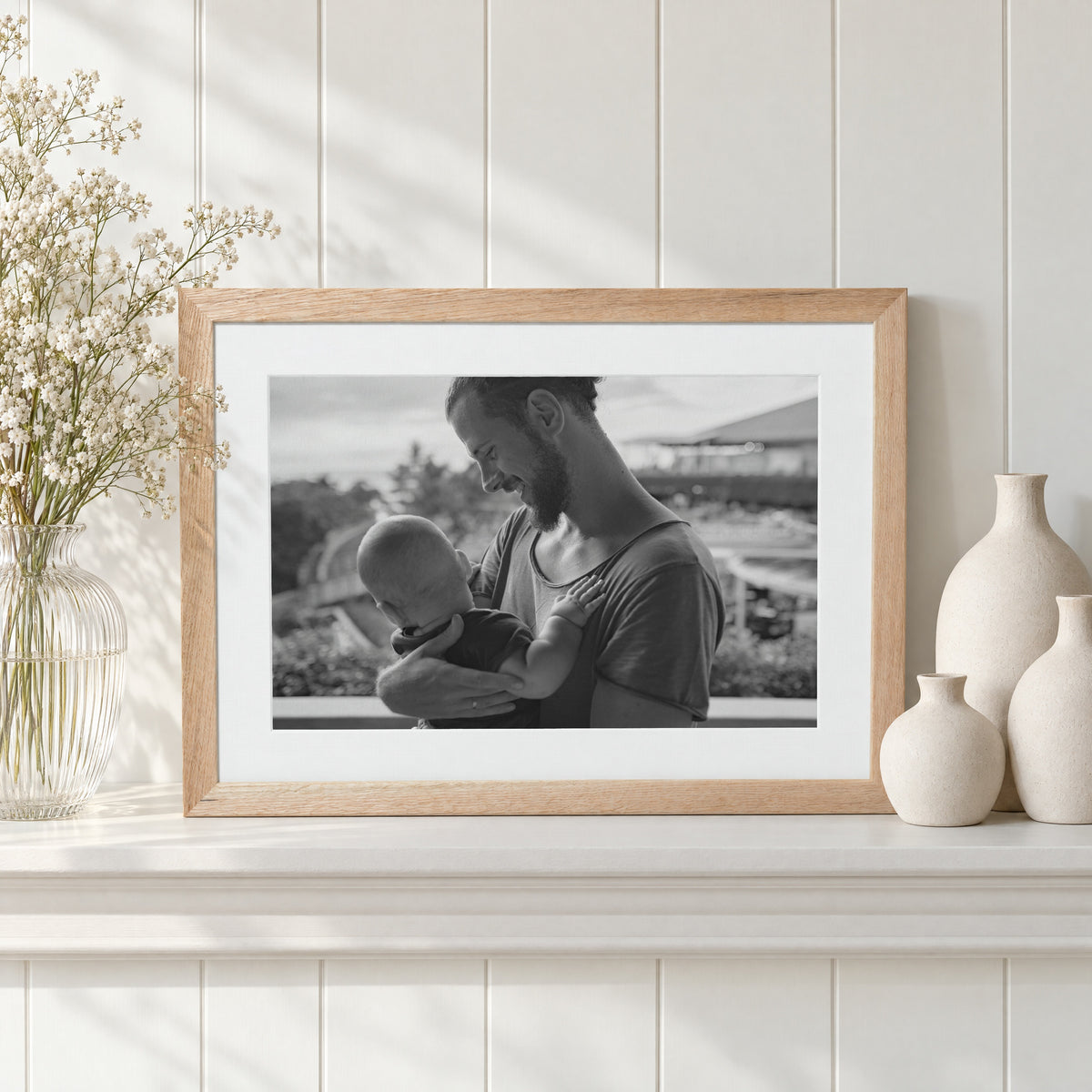 Personalised Photo Print, Custom Print From Your Photo, Landscape Black and White Wall Art, Family Gift, Oak Framed Print With Mount