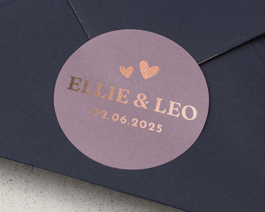 Personalised Wedding Sticker, Custom Foil Envelope Seal, Wedding Name Sticker, Rose Gold Wedding Label, Date Sticker, Wedding Decoration