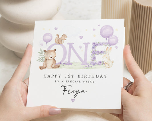 1st Birthday Card for Niece, Personalised First Birthday Card, Cute Animal Birthday Card, Birthday Card for Girl, Special Niece Card