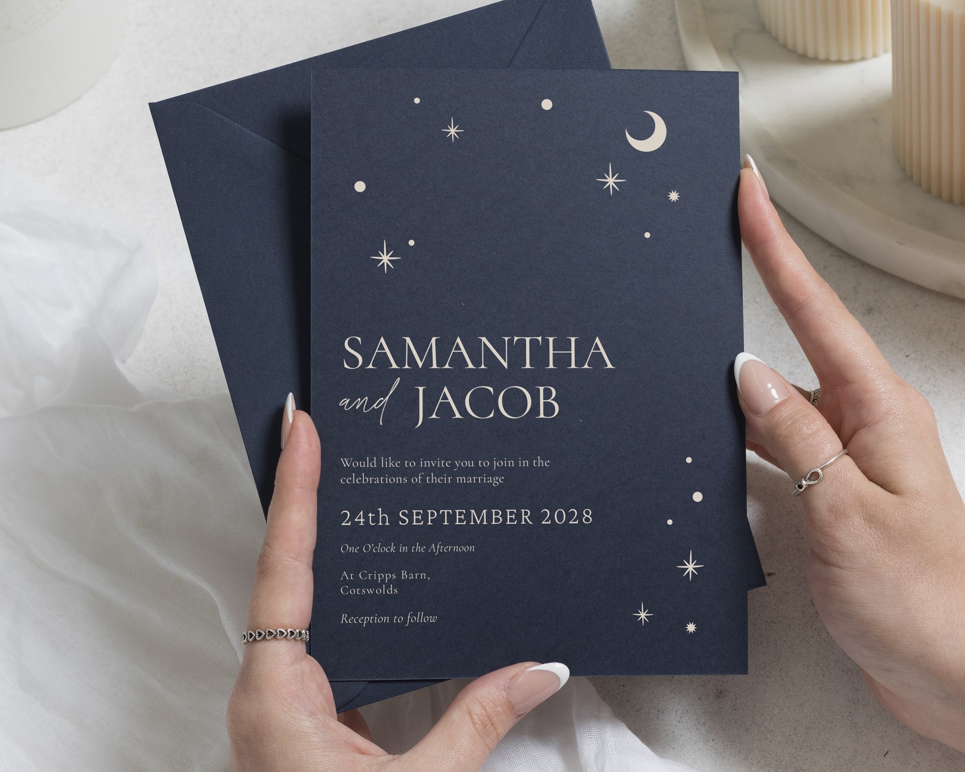 Celestial Wedding Invitations, Navy Blue Wedding Invites, Moon and Stars Wedding Stationery, Personalised Wedding Invitation Suite