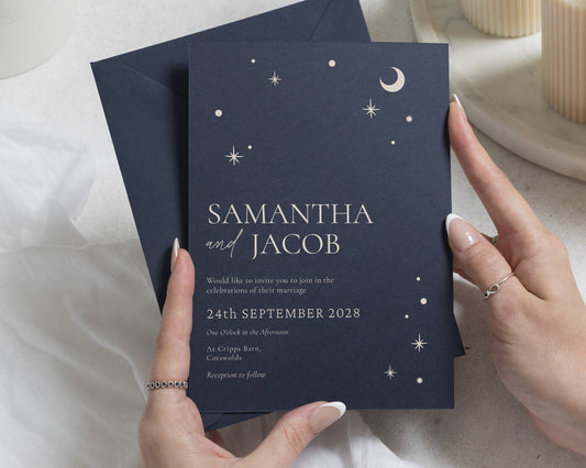 Celestial Wedding Invitations, Navy Blue Wedding Invites, Moon and Stars Wedding Stationery, Personalised Wedding Invitation Suite