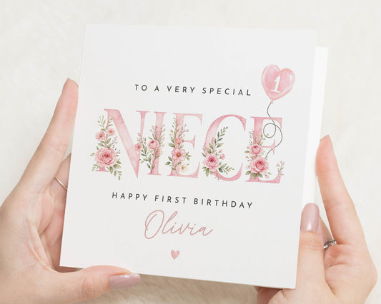 1st Birthday Card for Niece, First Birthday Card for Niece, Personalised Birthday Card for Girl, Floral Birthday Cards, Baby Girl Card