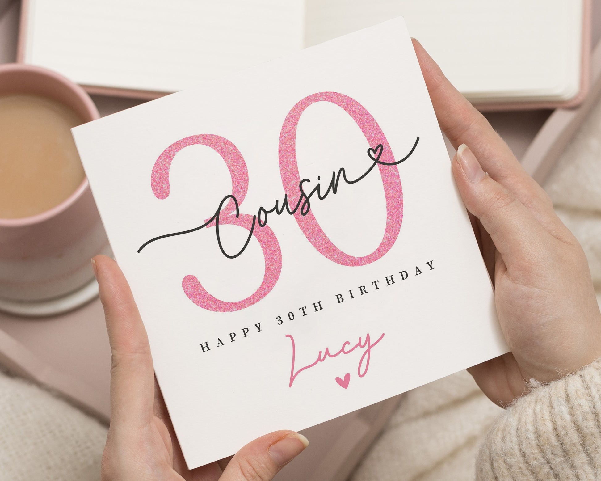 30th Birthday Card for Cousin, Personalised 30th Birthday Card, Pink Glitter Effect Birthday Card, Birthday Card for Her