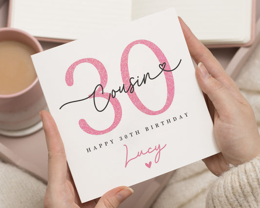 30th Birthday Card for Cousin, Personalised 30th Birthday Card, Pink Glitter Effect Birthday Card, Birthday Card for Her