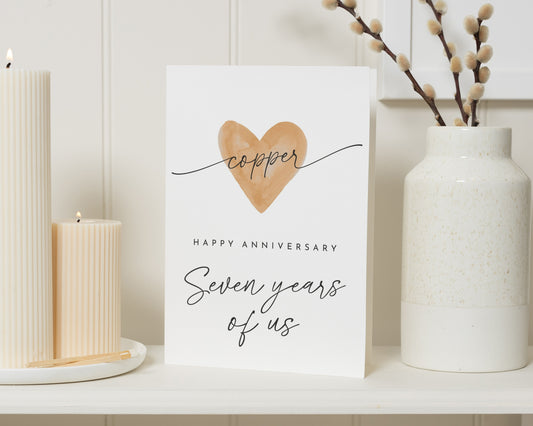 7th Anniversary Card, Copper Anniversary Card, Seven Years Married Card, Anniversary Card for Husband Wife, Couples Anniversary Card