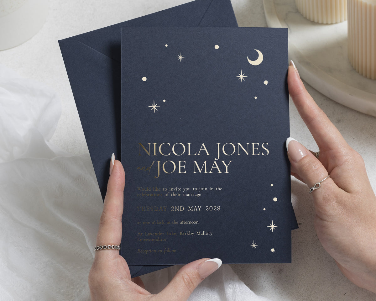 Gold Foil Wedding Invitations, Navy Blue Celestial Wedding Invite, Moon and Stars Invitation, Elegant Personalised Wedding Stationery