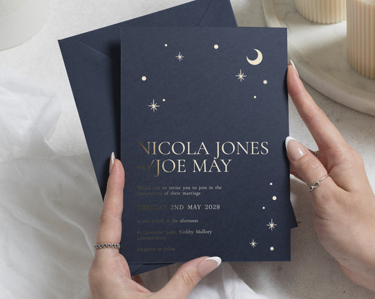 Gold Foil Wedding Invitations, Navy Blue Celestial Wedding Invite, Moon and Stars Invitation, Elegant Personalised Wedding Stationery
