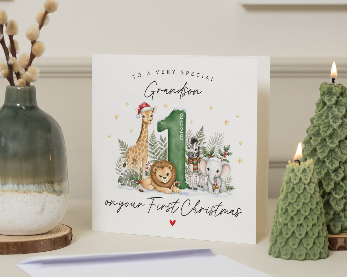 Grandson First Christmas Card, 1st Christmas Card for Grandson, Personalised Christmas Card, Baby Boy Christmas Card, Safari Christmas Card