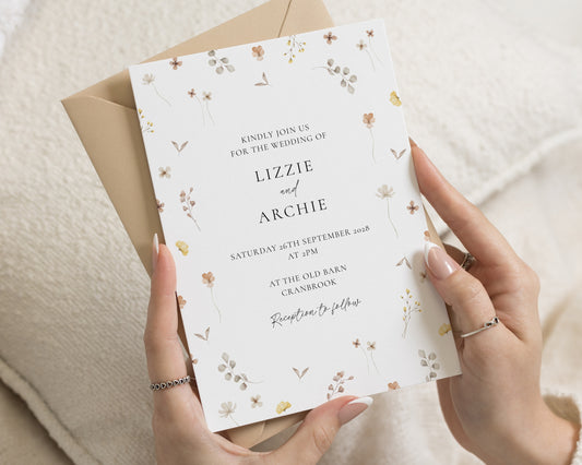 Wildflower Wedding Invitations, Floral Wedding Invite, Botanical Watercolour Invitation Suite, Personalised Rustic Wedding Stationery
