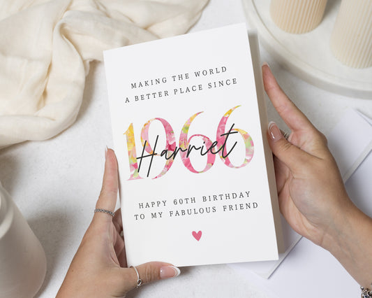 60th Birthday Card for Friend, Personalised 60th Birthday Card, Friend Birthday Card for Her, Floral Birthday Card, Custom Birthday Card