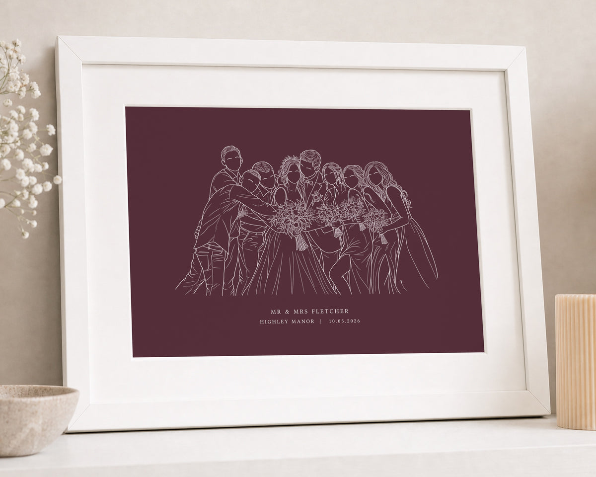 Personalised Wedding Party Print from Your Photo, Burgundy Wall Art, Custom Line Drawing, Wedding Gift, Anniversary Gift