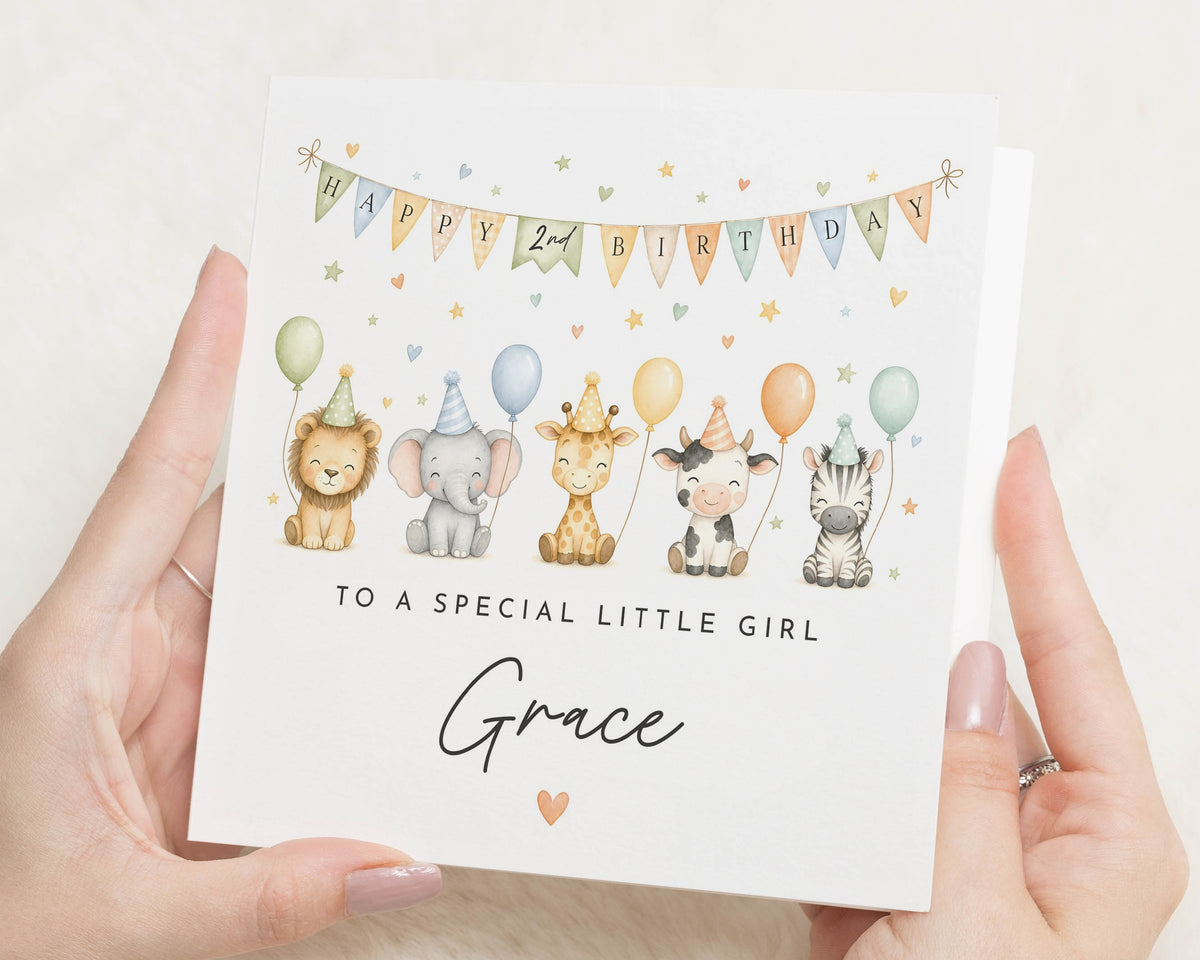 2nd Birthday Card for Girl, Personalised Birthday Card, Safari Card, Jungle Birthday Card, Birthday Card for Daughter, Granddaughter, Niece