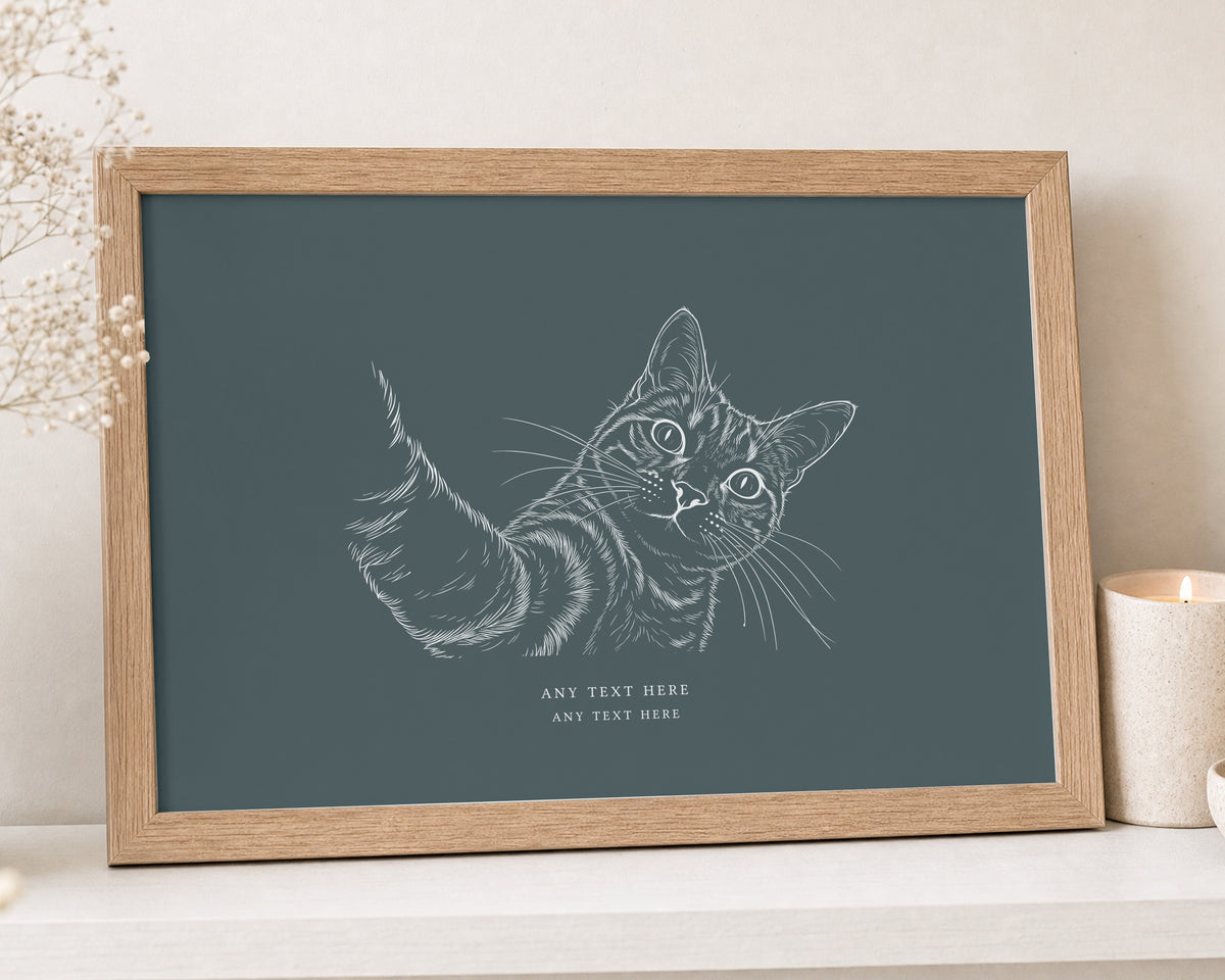Personalised Cat Portrait Print from Your Photo, Custom Pet Wall Art, Teal Wall Art, Gift for Cat Lover, Oak Framed Print, Living Room Art