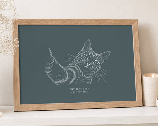Personalised Cat Portrait Print from Your Photo, Custom Pet Wall Art, Teal Wall Art, Gift for Cat Lover, Oak Framed Print, Living Room Art