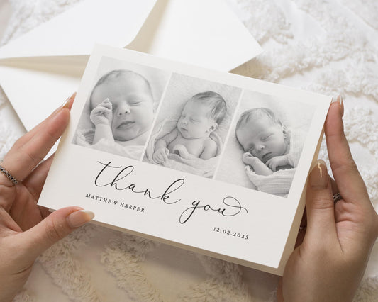 New Baby Photo Thankyou Cards, Black & White Photo Folded Thank You Cards, Baby Personalised Thank You Card, New Baby Boy Announcement Cards