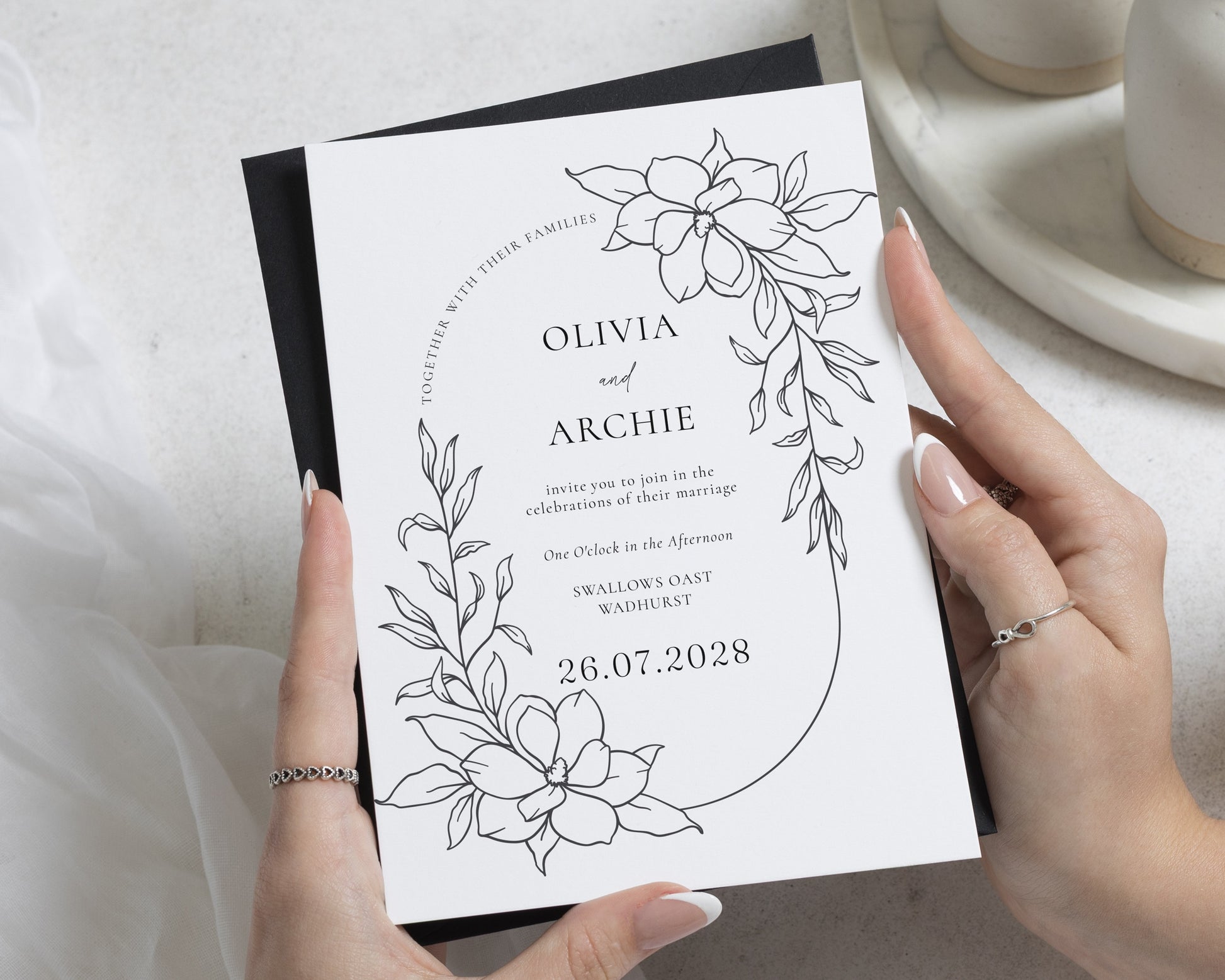 Black and White Floral Wedding Invitations, Minimal Botanical Wedding Invite, Elegant Personalised Invitation Suite