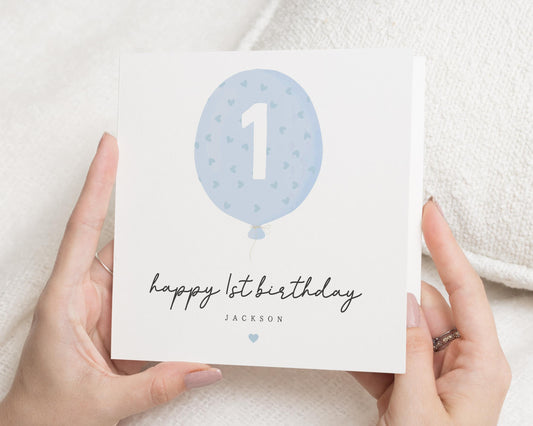 1st Birthday Card, Personalised First Birthday Card, Birthday Card for Boy, Birthday Card for Son, Cute Birthday Card, Blue Balloon Card